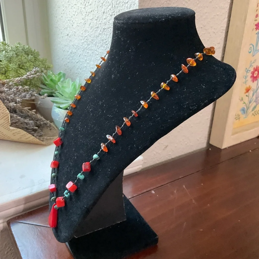 Vintage Baltic Amber Turquoise Coral Lavaliere Necklace